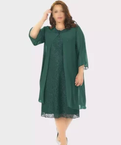 لباس مجلسی بزرگ سایز با رنگ سبز و دکمههای دانتل و پارچه شفاف برند LİLAS XXL - 73414454