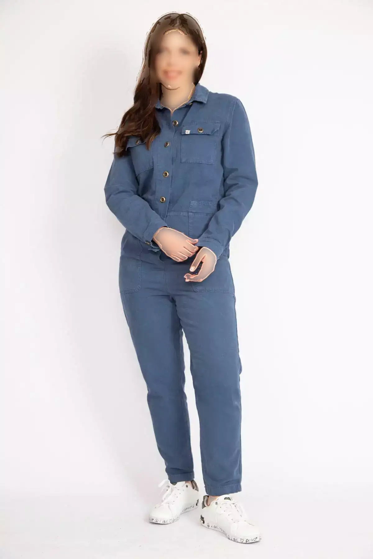 jumpsuit کادین ایندیکو بزرگ سایز با دکمه جلو از پارچه گاباردین برند Şans - 714813158