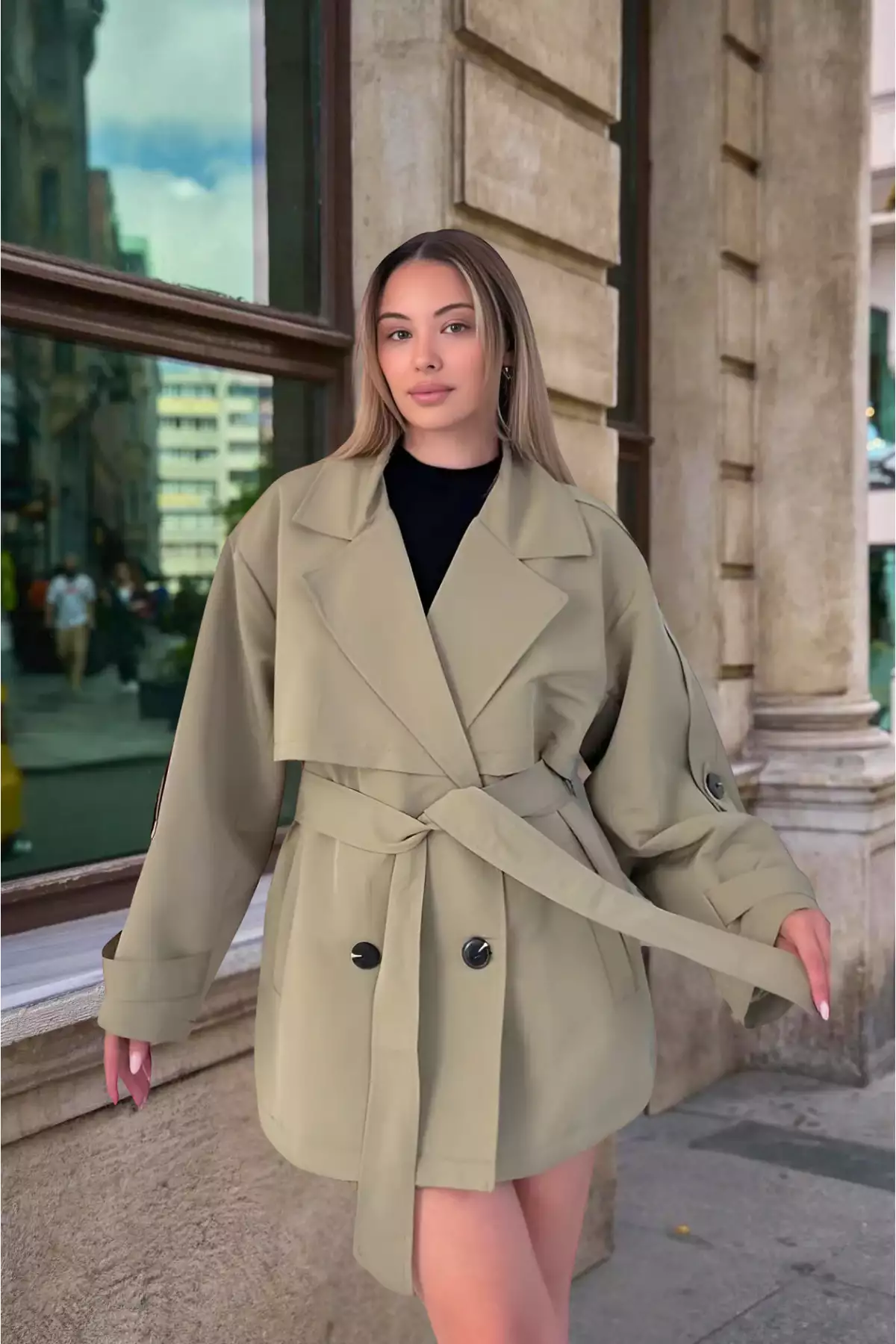 کت کوتاه زنانه به رنگ خاکی، با کمربند و مدل ترنجکو. برند Modark - 981976293