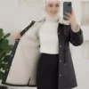 کاپشن چرم مشکی با جزئیات بادگیر، دارای جیب، کمر بند و داخل پشمی برند gl00my - 992707834