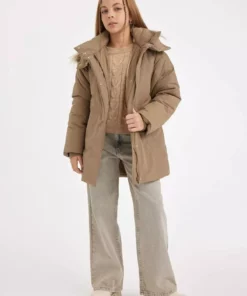 پالتوی کلاهدار با یقه خز مصنوعی قابل جدا شدن برای دختران برند Defacto - 879221363