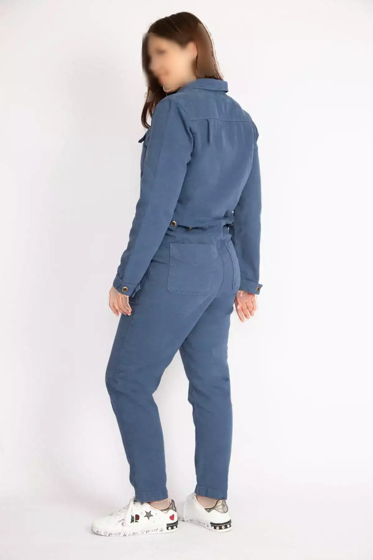 jumpsuit کادین ایندیکو بزرگ سایز با دکمه جلو از پارچه گاباردین برند Şans - 714813158