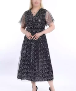 پیراهن مجلسی خاکستری بزرگ با یقه کراوات و زیورآلات 13C-2328 برند modayız - 704486898