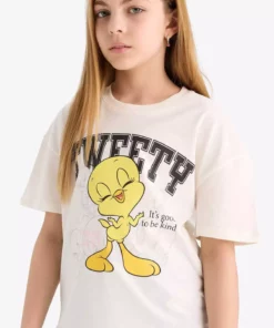 تیشرت کوتاهکف آستینکوتاه دوچرخهسواری راحتپوش برای دختر بچهها با طرح لونی تونز مدل E2615A825SM برند Defacto - 926701267