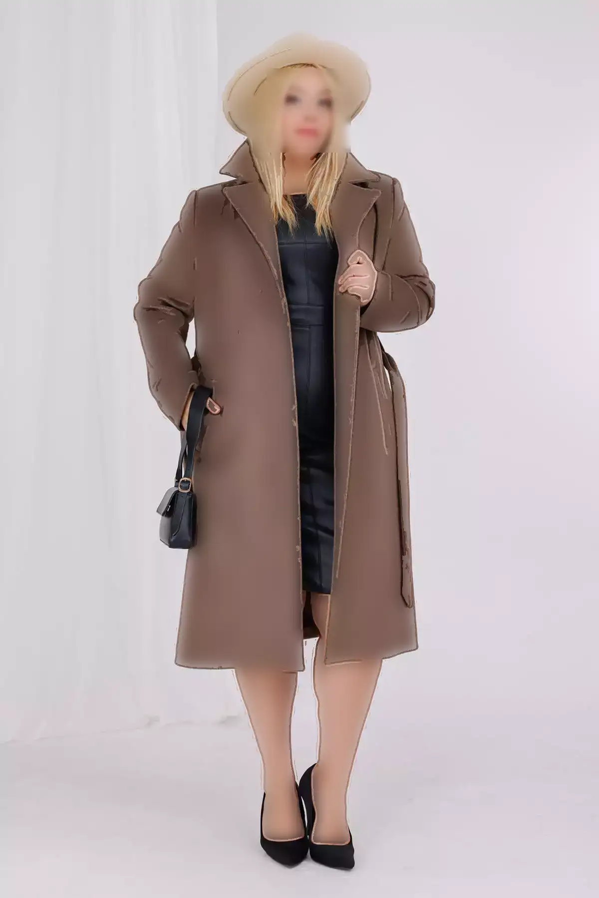 کابان زنانه کافه ملانژ پشمی با جزئیات کمربند و آستر برای سایز بزرگ برند Mooi XXL - 1029475246
