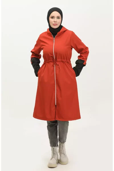 بارانی کلاه‌دار بلندی با طراحی بوزگول 0295-02 رنگ آجر برند sefamerve - 833445510