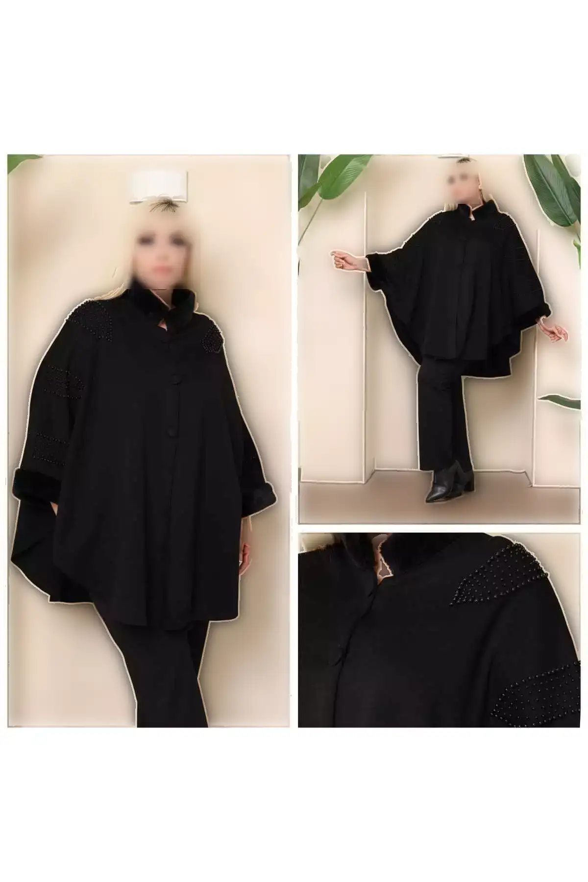 پانچوی بزرگ اندازه با یقه و آستینهای خزدار مروارید سیاه برند Eceyaman moda - 871778892