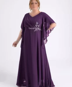 پیراهن مجلسی بلند شنل دار به رنگ مرواریدی با شکاف برای سایز بزرگ برند LİLAS XXL - 841006845