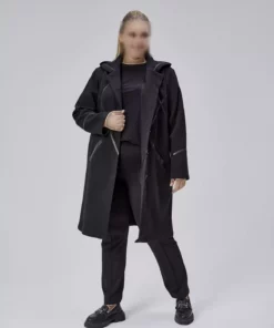 کاپشن بزرگ با جزئیات لبه چرمی و کلاه، رنگ مشکی برند KALKANCI - 1030667822