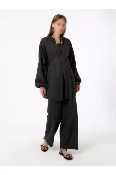 ست دو تکه کیمونو و شلوار با جزئیات کمربند - مشکی - بنین برند Benin - 920558373