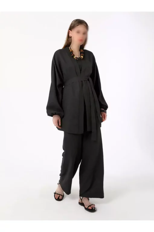 ست دو تکه کیمونو و شلوار با جزئیات کمربند - مشکی - بنین برند Benin - 920558373