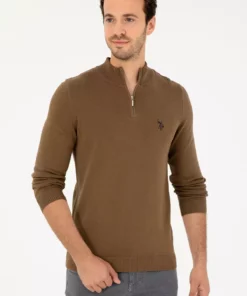 ژاکت پایه نیم زیپ باریک فیت مردانه به رنگ خاکی 50293517-VR027 برند U.S. Polo Assn. - 846925578