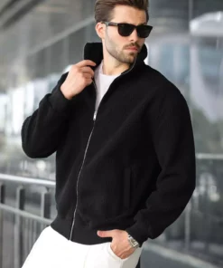 کاپشن پلوور مردانه یقه ایستاده زیپ دار مشکی E7166 برند Madmext - 991246908