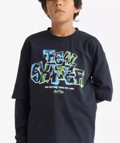 تیشرت بلند آستیندار یقه گرد چاپی با برش آزاد و گشاد برای پسران E9585A825AU برند Defacto - 982355759