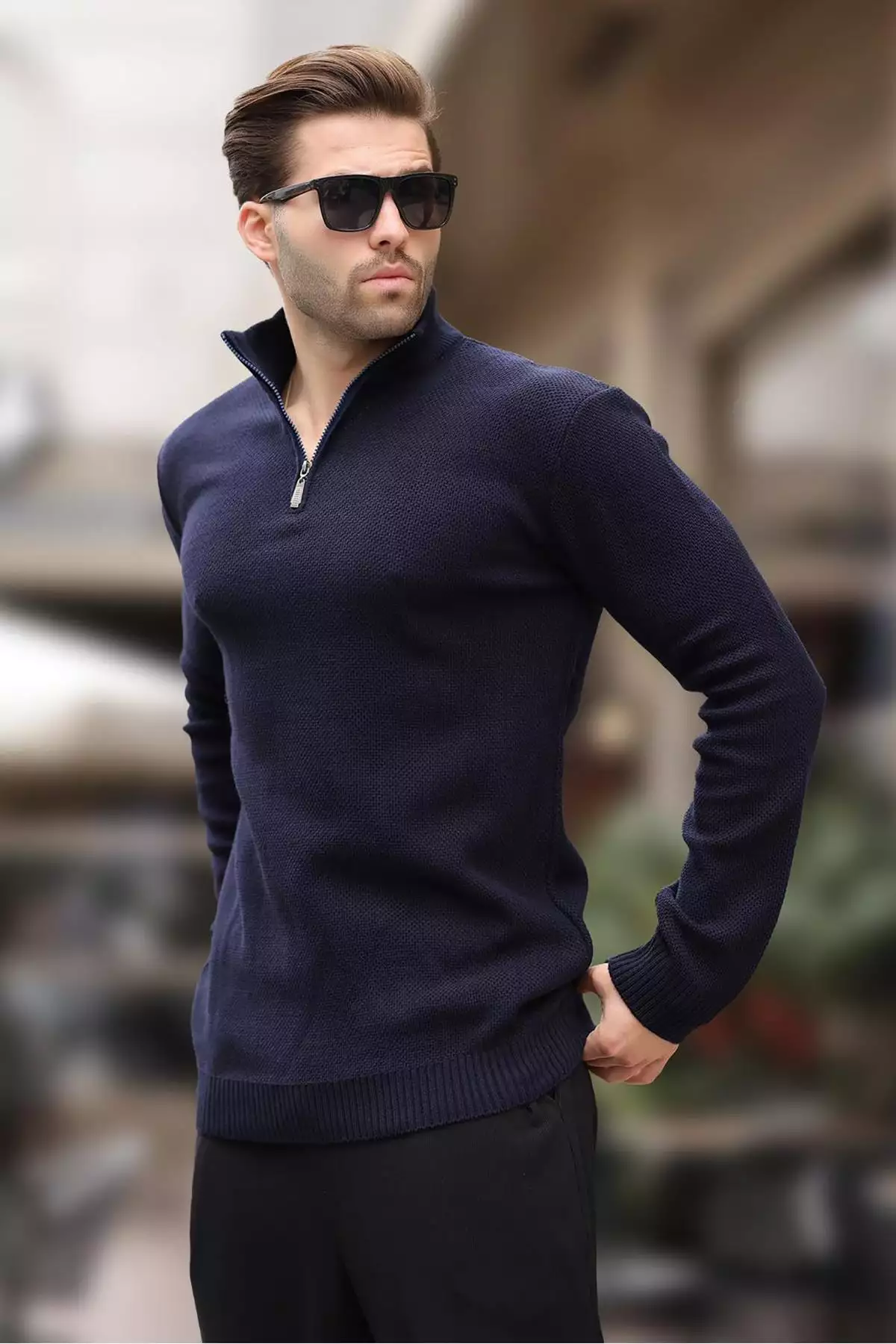 پلیور با یقه زیپ و آستین بلند با رنگ سرمهای 7286 برند Madmext - 863428896