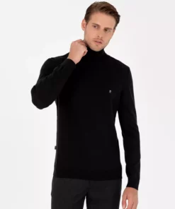 پلیور بافت ساده یقه گرد مشکی فیت تنساز شماره 50296602-VR046 برند Pierre Cardin - 856654064