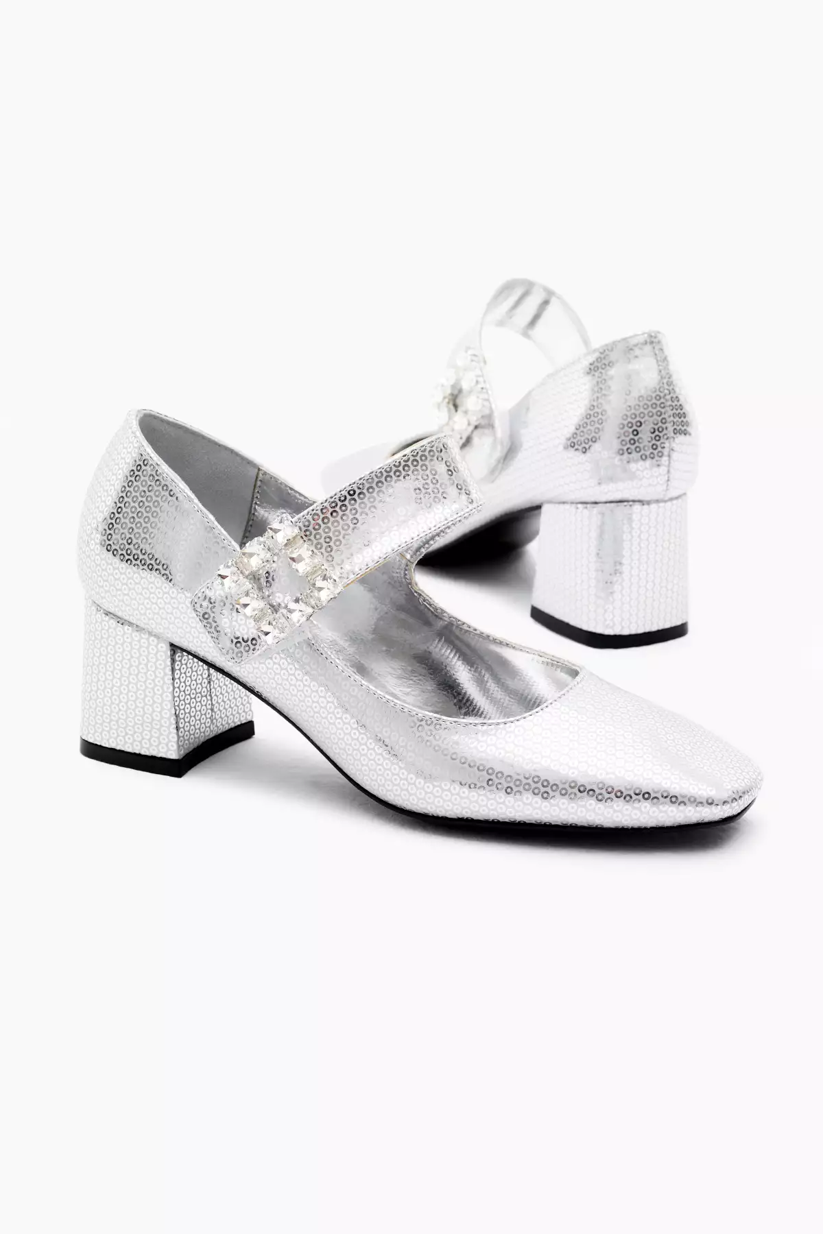 کفش پاشنهدار زنانه نقرهای با بند چسبی و الگوی پایه نئو لیت همراه با گیره سنگی برند Tonny Black - 872924706