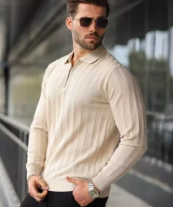 پلیور با یقه Polo و زیپ نیمه، به رنگ سنگی E7426 برند Madmext - 1015884451