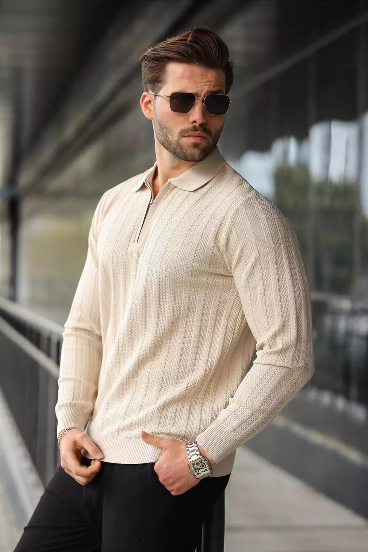 پلیور با یقه Polo و زیپ نیمه، به رنگ سنگی E7426 برند Madmext - 1015884451