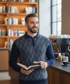 چندلایه بافتنی با طرح بافت الماس و یقه گلابی زیپدار ویژه مردانه، بافتنی ضد پرز، مخصوص فصل زمستان برند Kamalı - 354029762