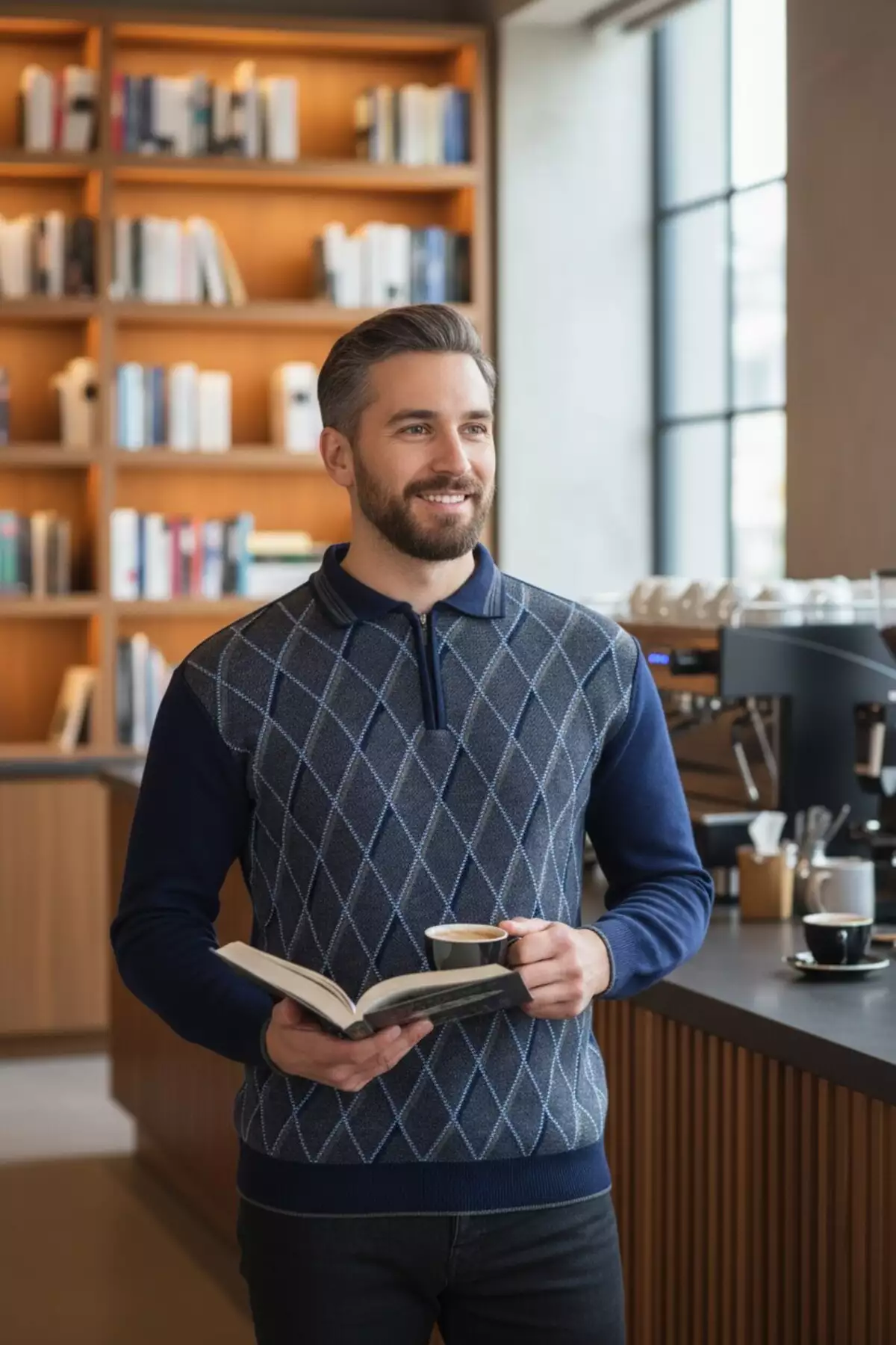 چندلایه بافتنی با طرح بافت الماس و یقه گلابی زیپدار ویژه مردانه، بافتنی ضد پرز، مخصوص فصل زمستان برند Kamalı - 354029762