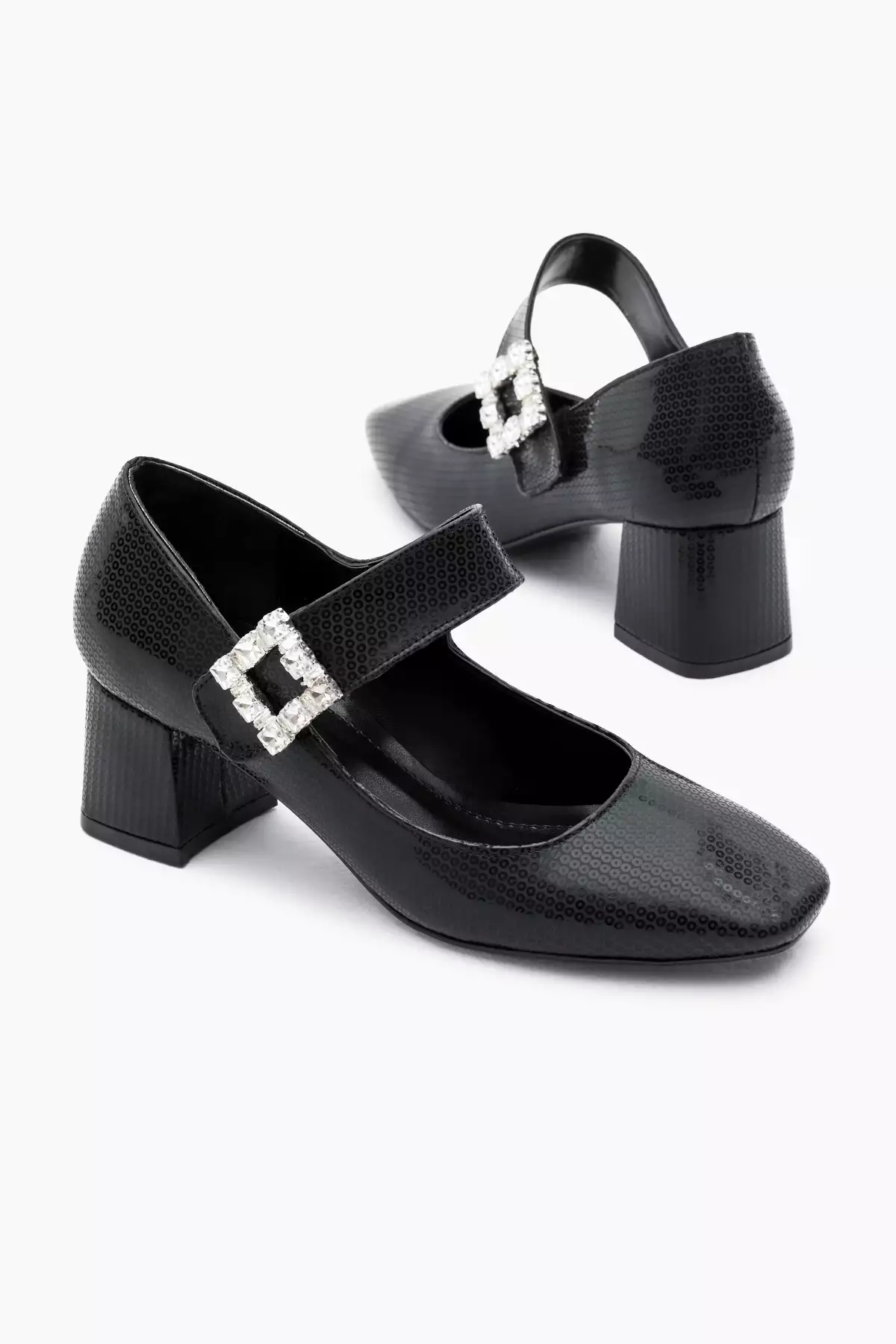 کفش پاشنهدار زنانه با بند چسبی و کفه نئولیت طرح دار رنگ مشکی با پاشنه سنگی برند Tonny Black - 872924735