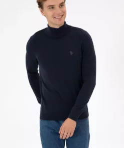 پلیور آستین بلند مردانه یقهدار آبی ملانژ با طراحی باریک 50313712-VR033 برند U.S. Polo Assn. - 970825079