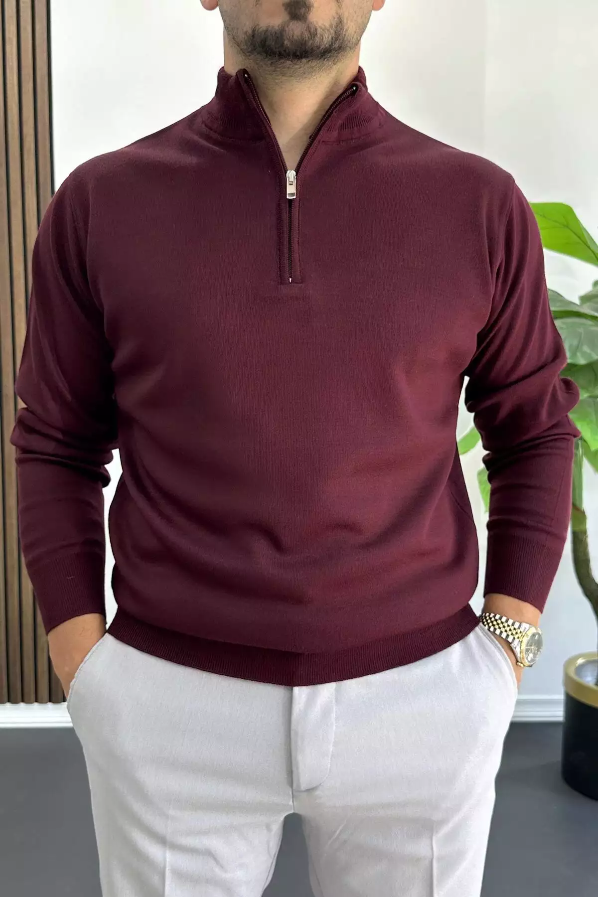 پیش بند مردانه نیمه زیپ با الگوی نرمال رنگ گردویی Edw411 برند Edwox - 982887479