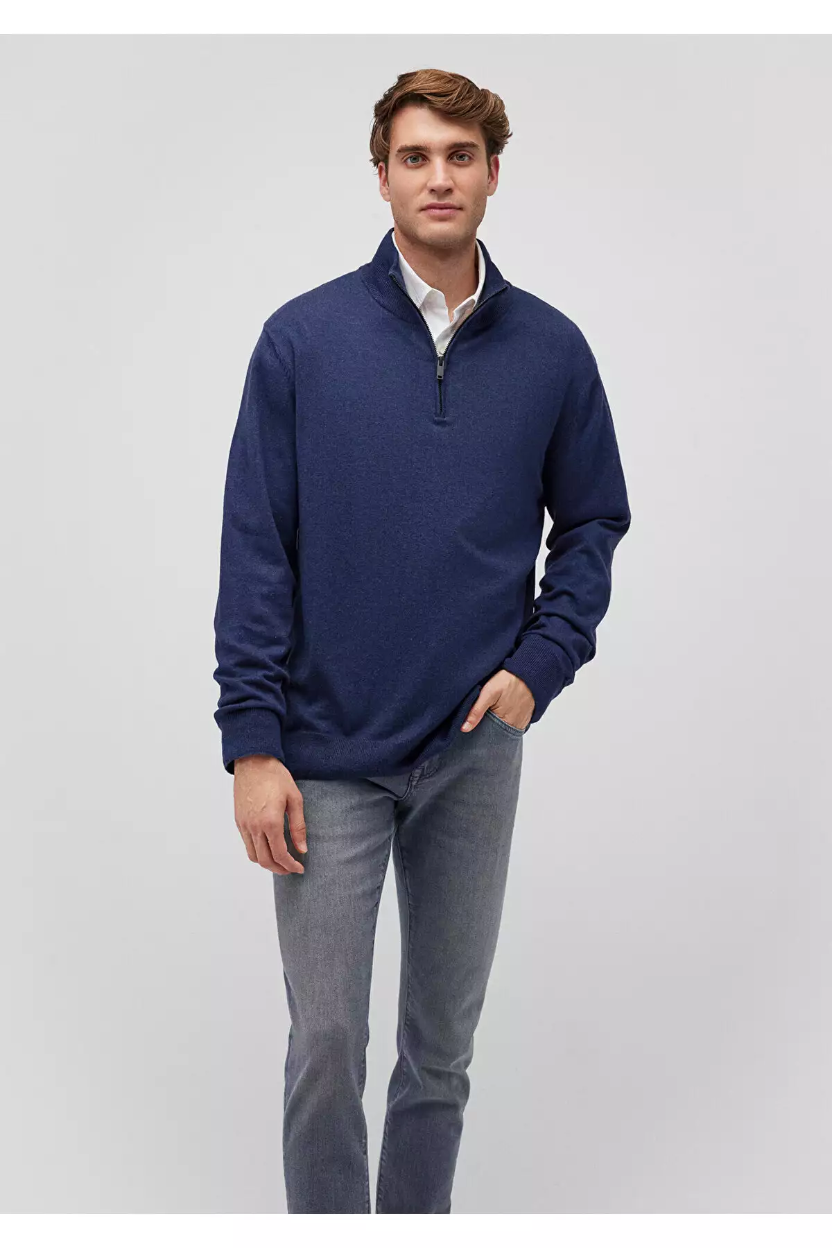 ژاکت ناهار آبی نیمه زیپ با ترکیب کشمیر و برش معمولی برند Mavi - 861164632