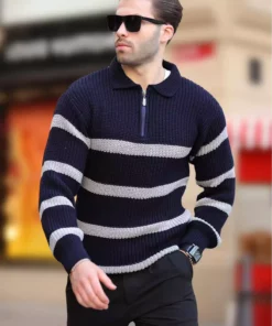پلیور یقه اسکی خط دار آبی تیره با زیپ آستین بلند 7283 برند Madmext - 861338775