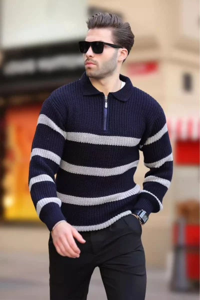 پلیور یقه اسکی خط دار آبی تیره با زیپ آستین بلند 7283 برند Madmext - 861338775