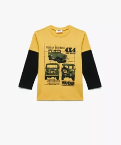 تیشرت پنبهای با طرح اتومبیل و یقه گرد، آستیندار بلند برند Koton - 991026738