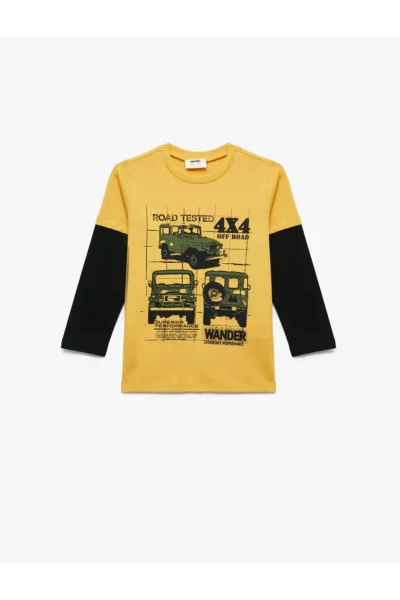 تی‌شرت پنبه‌ای با طرح اتومبیل و یقه گرد، آستین‌دار بلند برند Koton - 991026738