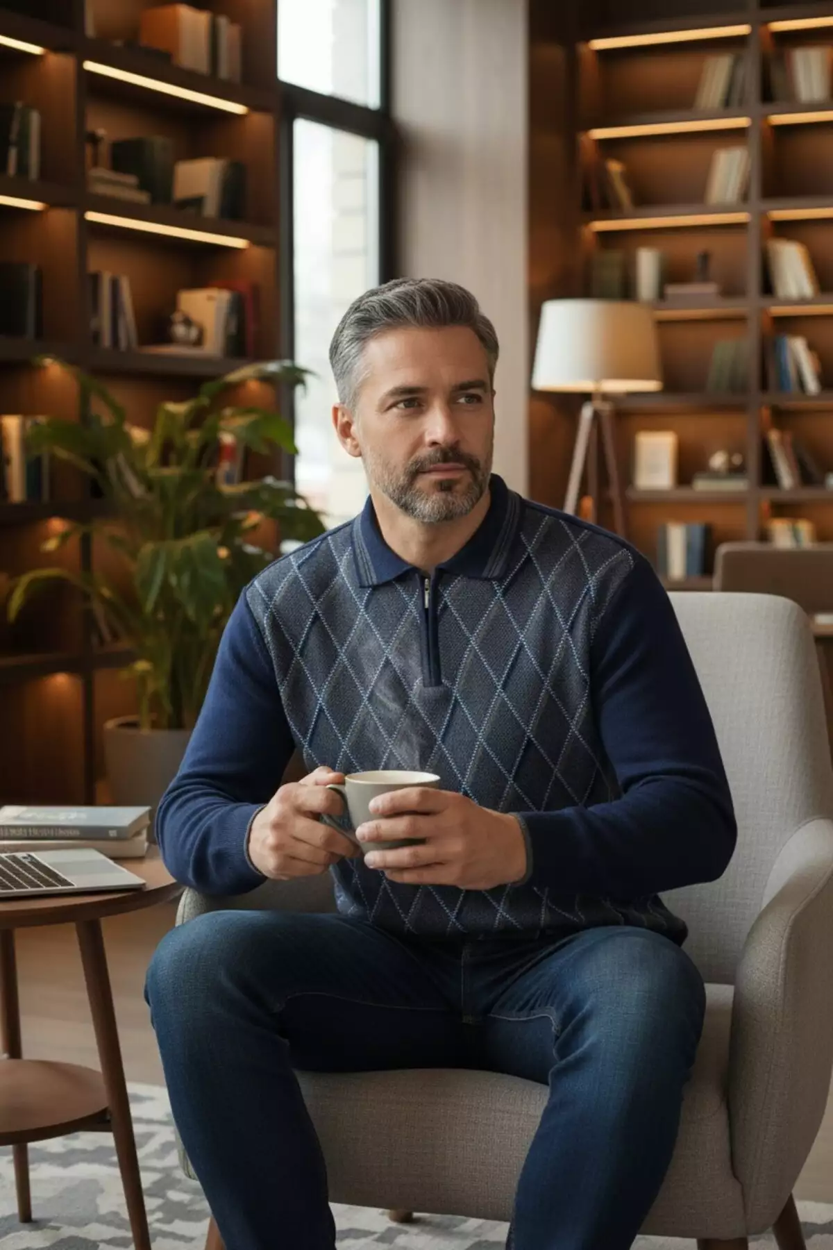 چندلایه بافتنی با طرح بافت الماس و یقه گلابی زیپدار ویژه مردانه، بافتنی ضد پرز، مخصوص فصل زمستان برند Kamalı - 354029762