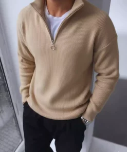 ژاکت پسرانه نیم زیپ با ظاهر مخملی – کرم برند KAZAK - 992999090