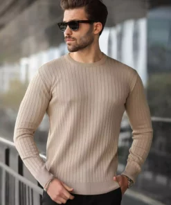 بلوز گرد گردن راه‌دار بلند آستین قهوه‌ای روشن E7273 برند Madmext - 1027458892