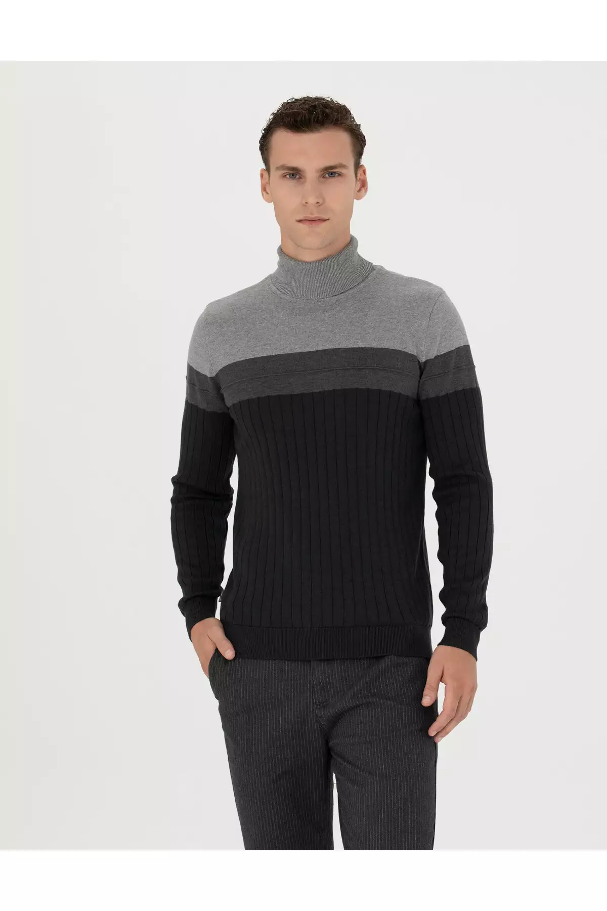 ژاکت بافتنی یقه اسکی نازک فیت ملانژ آنتراسیت 50279430-VR081 برند Pierre Cardin - 828930909