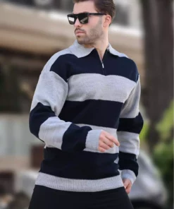 ژاکت طوسی با یقه زیپ و رنگ‌های بلوکه شده با آستین بلند 7280 برند Madmext - 857613629