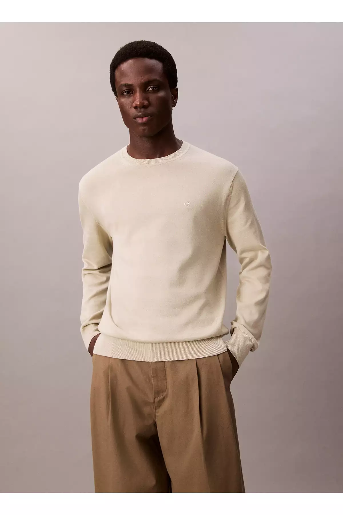 ژاکت مردانه با یقه حلقهای معمولی رنگ خاکی LV040BM343LL5_LS از الیاف سوپیما کتان برند Calvin Klein - 968770986