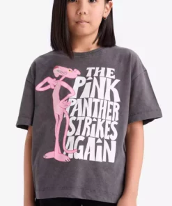 تیشرت آستین کوتاه سرمهای دخترانه با طرح پانتر صورتی و برش گشاد، یقه گرد مدل D8826A825SP برند Defacto - 897205402