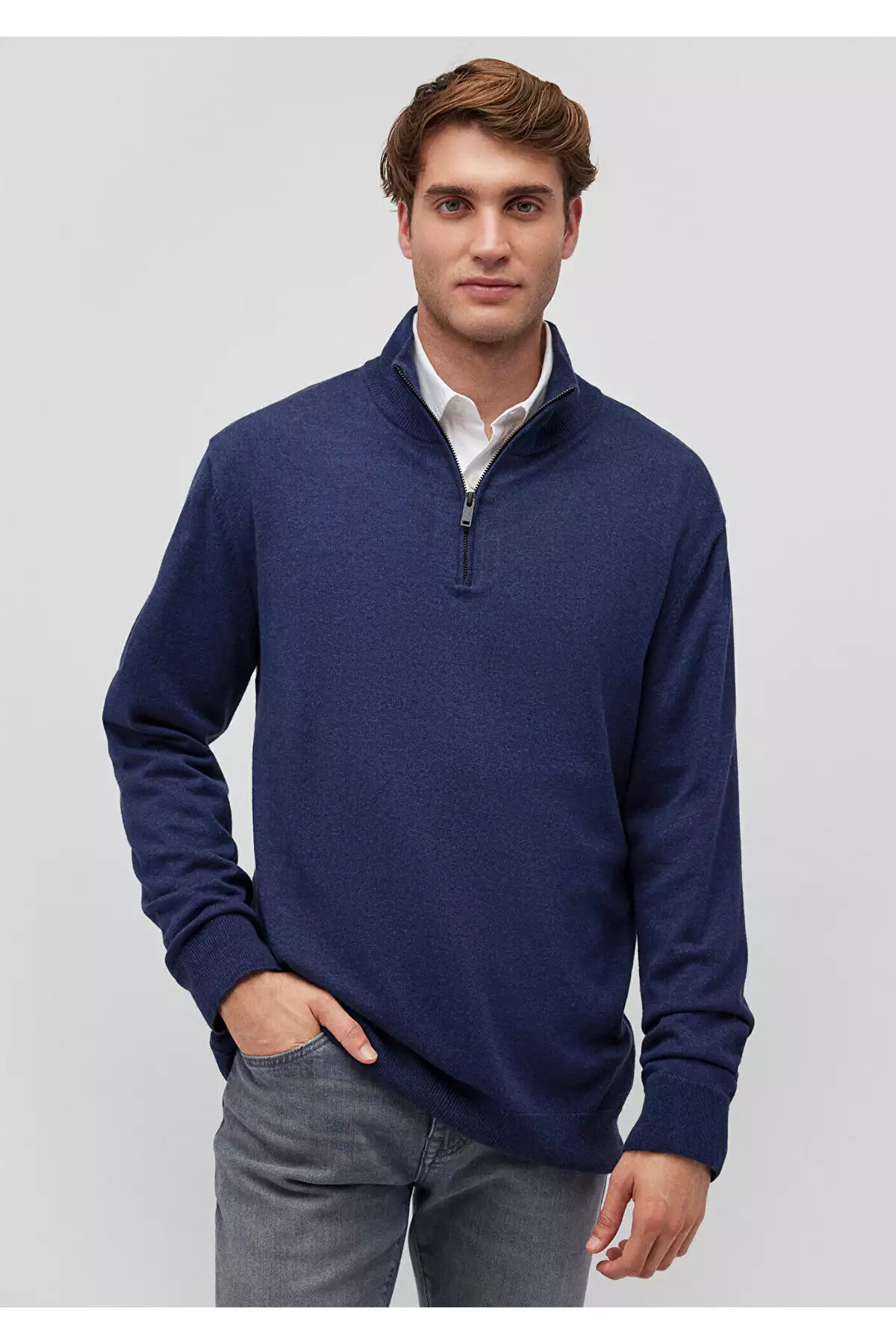 ژاکت ناهار آبی نیمه زیپ با ترکیب کشمیر و برش معمولی برند Mavi - 861164632