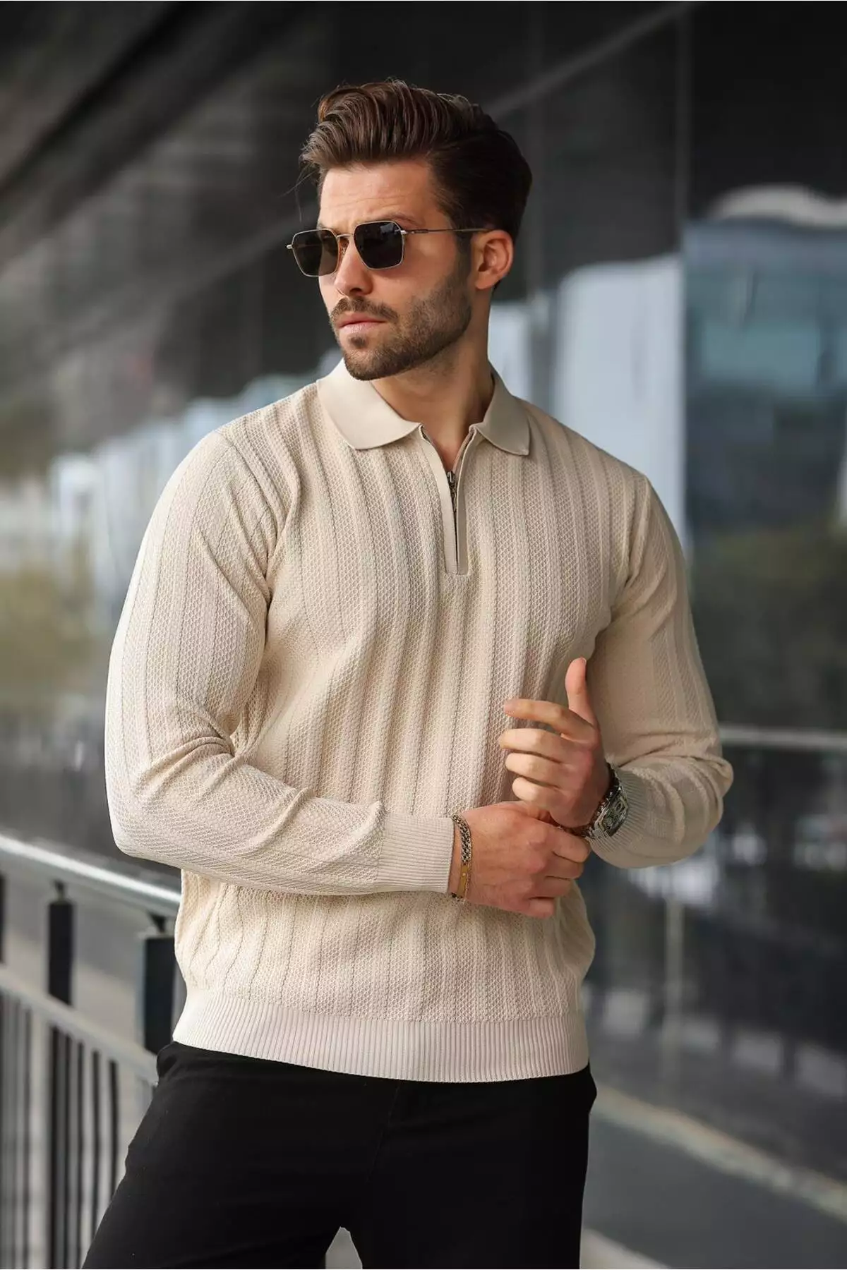 پلیور با یقه Polo و زیپ نیمه، به رنگ سنگی E7426 برند Madmext - 1015884451