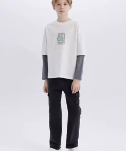 تی‌شرت آستین بلند سایز بزرگ با یقه گرد و طرح چاپی روی پشت برای پسران D7702A825SP برند Defacto - 888613715