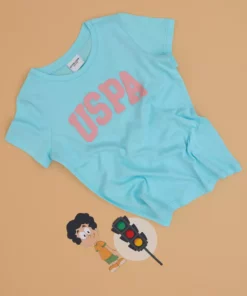 تیشرت ساده دخترانه آبی با یقه گرد از جنس پنبه و چاپ طرح یوسپا 50306042-VR007 برند U.S. Polo Assn. - 930728946