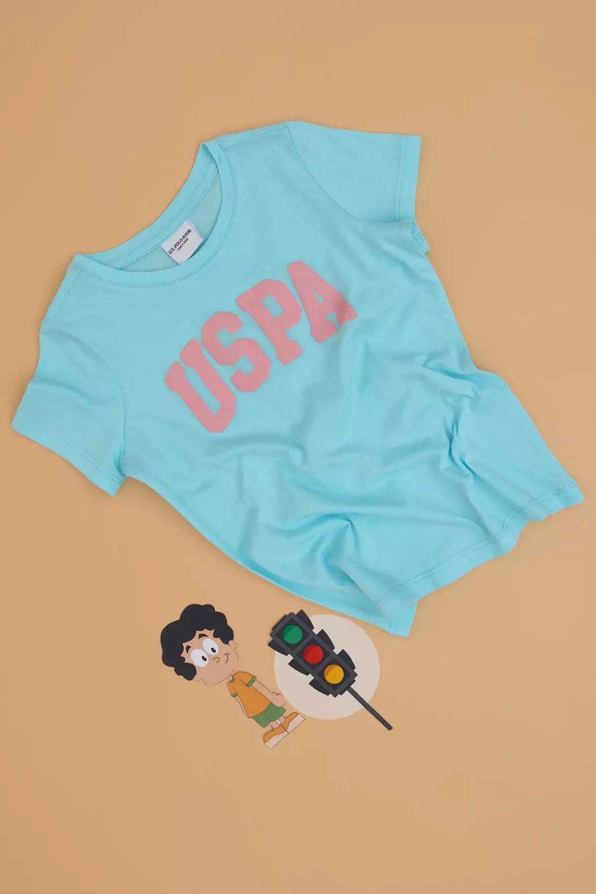 تیشرت ساده دخترانه آبی با یقه گرد از جنس پنبه و چاپ طرح یوسپا 50306042-VR007 برند U.S. Polo Assn. - 930728946