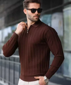 کاپشن با یقه پولو و زیپ نیمه‌ای قهوه‌ای رنگ مدل E7426 برند Madmext - 1015884563