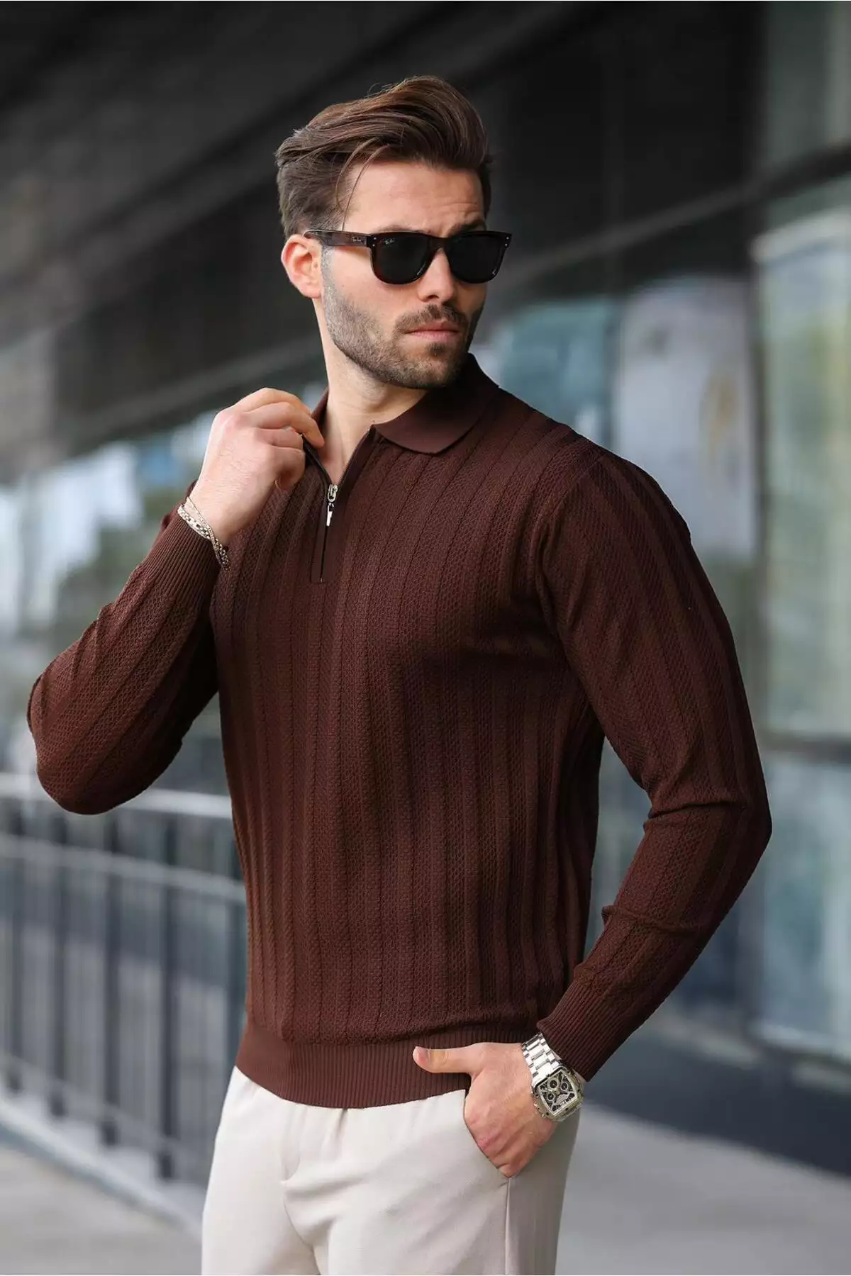 کاپشن با یقه پولو و زیپ نیمهای قهوهای رنگ مدل E7426 برند Madmext - 1015884563