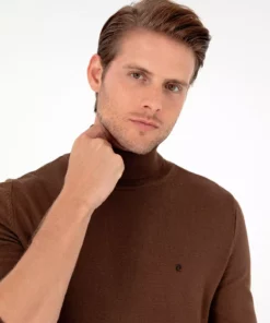 پالتوی بافتنی گردن‌پوش کمرنگ قهوه‌ای تیره فیت اسلیم 50296602-VR084 برند Pierre Cardin - 865464328