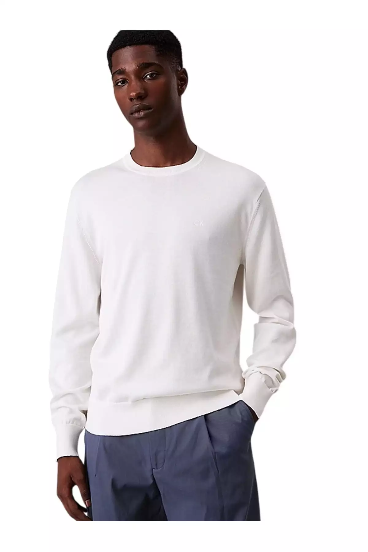 پولوشرت با یقه گرد مردانه از جنس پشم سوپیمای کتانی - سفید برند Calvin Klein - 952342928