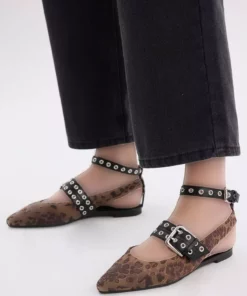 بابت زنانه طرح پلنگی کفش باله‌ای ته صاف چرم مصنوعی E2416AX25SM برند Defacto - 929415441